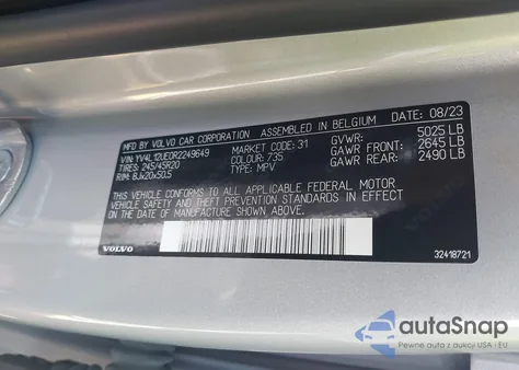 2024 Volvo Xc40 B5 Plus Bright Theme из США, поврежденный, VIN YV4L12UE0R2249649